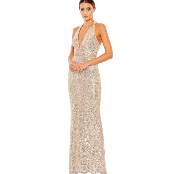 Ieena for Mac Duggal Sequined Halter Strap Plunge Neck Gown - Picture 1 of 7